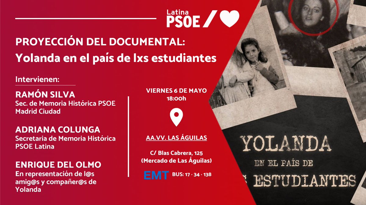 psoelatina's tweet photo. Mañana a partir de las 18:00h, se proyectará 📽 el documental "Yolanda en el país de lxs estudiantes" en la AV Las Águilas.
Asistirán amigos de Yolanda, nuestro SG, @pebarrero, nuestro concejal @RamonSilvaB y nuestra Sec. de Memoria Histórica, @Catitaidola. 

¡Os esperamos! 🌹👇 https://t.co/AD0Om0mwOb