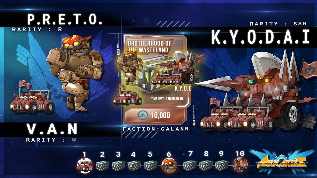 ArkarusNFT's tweet photo. Brotherhood of the Wasteland Guaranteed Gacha until May 20, 2022!
Guaranteed gacha of this patch. comes with Step Up, a guaranteed chance to get V.A.N. on 1st roll, P.R.E.T.O on 6th roll and K.Y.O.D.A.I on 10th roll
#Arkarus #ArkarusNFT #Gamefi #NFTGame https://t.co/9WhalkmEeD