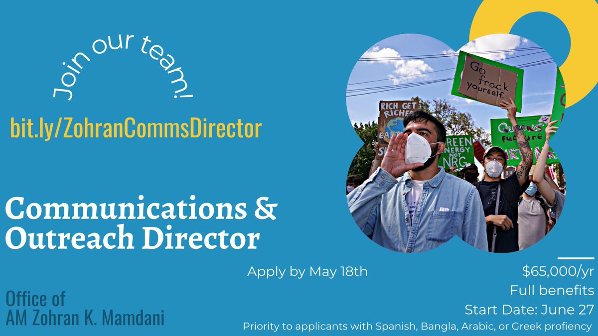 📣 We're hiring for two positions! 📣 - Positions: Communications/Outreach Director & Constituent Services Director - Salary: $65k/yr + full benefits - Application Deadline: 05/18 Find out more + how to apply for either: ⬇️ 1. bit.ly/ZohranCommsDir… 2. bit.ly/ZohranCSDirect…