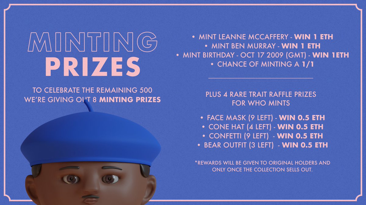 We're giving away 5 ETH in prizes to the last 500 minters. LFG 🚀

📕Rules: 
1⃣ Mint: nft.tinyfac.es/mint
2⃣ Like and retweet
3️⃣Tag 3 friends