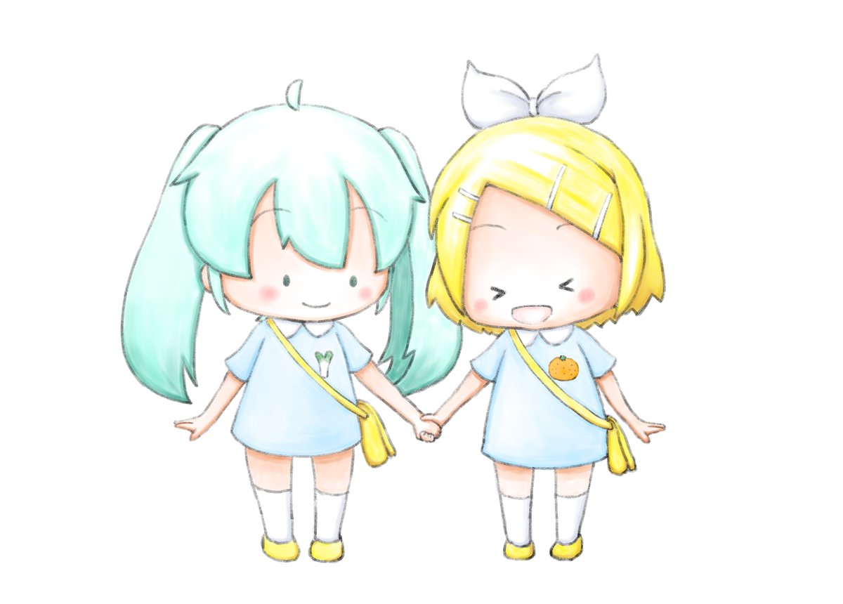 hatsune miku ,kagamine rin multiple girls 2girls > < blonde hair holding hands twintails long hair  illustration images