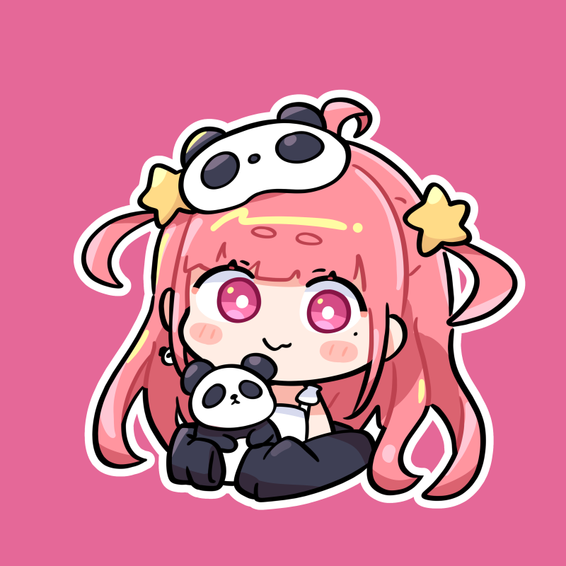 sasaki saku 1girl pink hair pink background panda solo smile two side up  illustration images