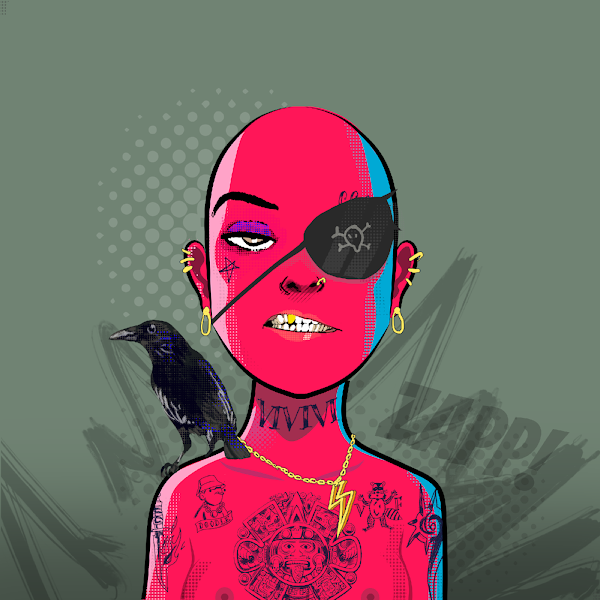 normies_nft's tweet photo. Introducing "Loyal DJ Mila" a @normies_nft with a lot of pirate traits 🏴‍☠️ including patch, crow pet, golden teeth + Aztec Calendar + @doodles + @veefriends honorary tattoos. #NFTCommunity #NFT #VeeFriends #DoodleWorld . https://t.co/eBbBuiXx9w