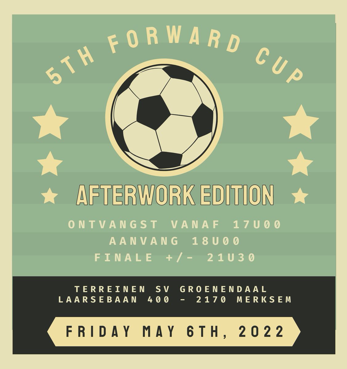 Vrijdag 6 mei zal de 5de editie van de FORWARD cup plaatsvinden op de terreinen van SV Groenendaal. Iedereen is welkom om vanaf 18u00 te komen supporteren! De finale zal rond 21u30 plaatsvinden. Meer info: forwardbelgium.be/FORWARD-cup
#FORWARDBelgium #YoungFORWARD #FORWARDCup