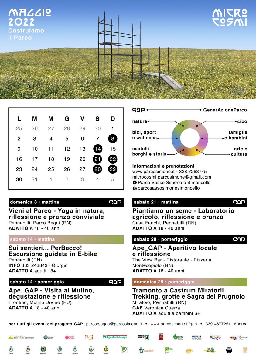 Pro Loco Pennabilli (@iatpennabilli) on Twitter photo Domenica 8 maggio 09:00 / 13:00
G.A.P. - GenerAzione Parco incontri partecipativi.
Vieni al Parco - Yoga in natura, riflessione e pranzo conviviale
percorsogap@parcosimone.it parcosimone.it/gap/
339 467 7251 Andrea
facebook.com/events/1001082โฆ Domenica 8 maggio 09:00 / 13:00
G.A.P. - GenerAzione Parco incontri partecipativi.
Vieni al Parco - Yoga in natura, riflessione e pranzo conviviale
percorsogap@parcosimone.it parcosimone.it/gap/
339 467 7251 Andrea
facebook.com/events/1001082โฆ