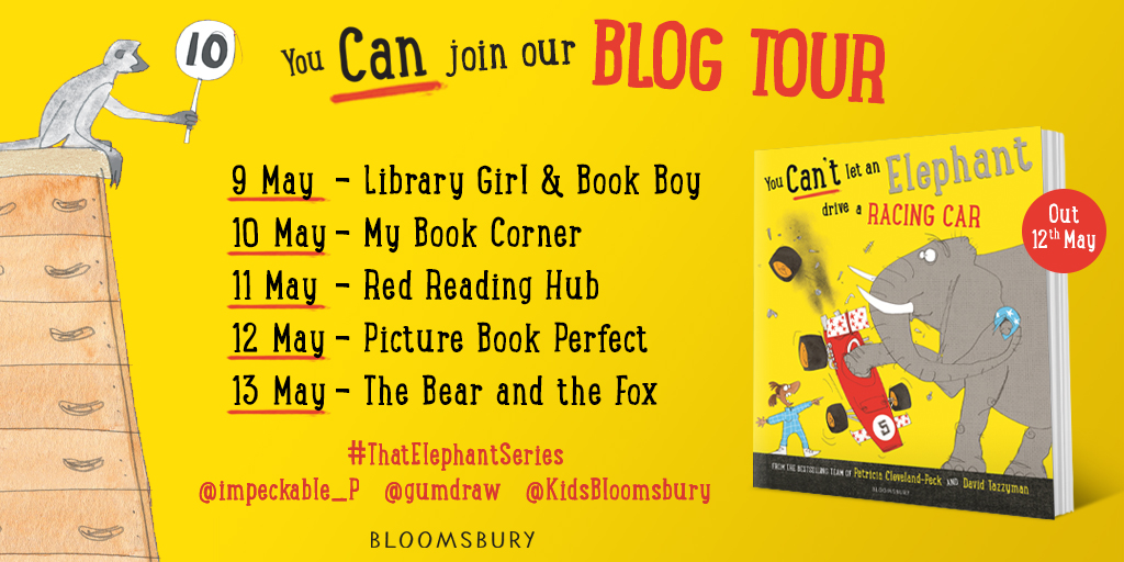 🐘Only 1 week to go until #YouCantLetAnElephantDriveARacingCar SPEEDS into bookshops! Join our blog tour next week to find out more about #ThatElephantSeries by @impeckable_P & @gumdraw 

Stopping at: @BookSuperhero2 @MyBookCorner @JillBennett18 @Pic_BookPerfect @bearandfoxblog