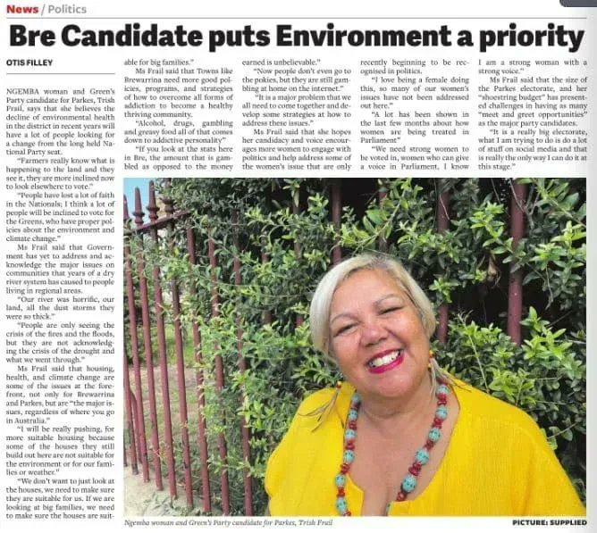 'Our river was horrific, our land, all the dust storms they were so thick.'-Trish Frail, Ngemba, Greens 4 #Parkes Grns #water policies p4 buff.ly/3FkxouH BT23422 buff.ly/37iZOIR #SaveOurDarling #Baaka #murraydarling #AnyoneButNats #AnyoneButNatsnLibs #Auspol2022