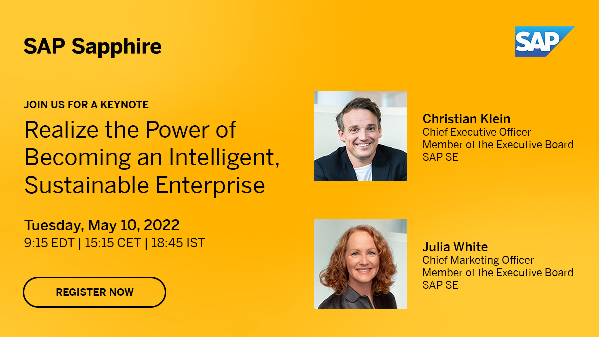 SAP's tweet photo. Join SAP CEO Christian Klein, CMSO Julia White and other thought leaders to learn how our customers are achieving their purpose.

🟡 Attend #SAPSapphireOrlando.
🟡 Register for #SAPSapphire Virtual.

Register for the experience that best suits you: https://t.co/GCkrrhjA6n https://t.co/v4bdPv2nNx
