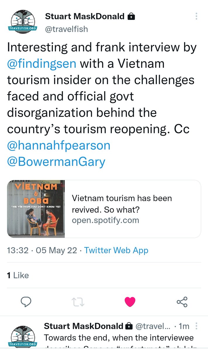 Thank you <a href="/travelfish/">Stuart MaskDonald</a> for giving <a href="/VietnamBoba/">Vietnam and Boba Podcast</a>'s latest episode a listen! We have learned so much from our guests, fulltime industry players, who gave their honest takes on #Vietnam tourism restart which isn't exactly all rosy. Available where podcasts are anchor.fm/vietnam-and-bo…