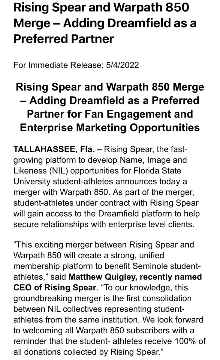 WinterSportsLaw's tweet photo. We have the first NIL collective merger.

@RisingSpearNIL and @Warpath850, both collectives formed to support Florida State athletes, have merged.

This probably won’t be the last merger in the collective space. https://t.co/sfJCxTLELR