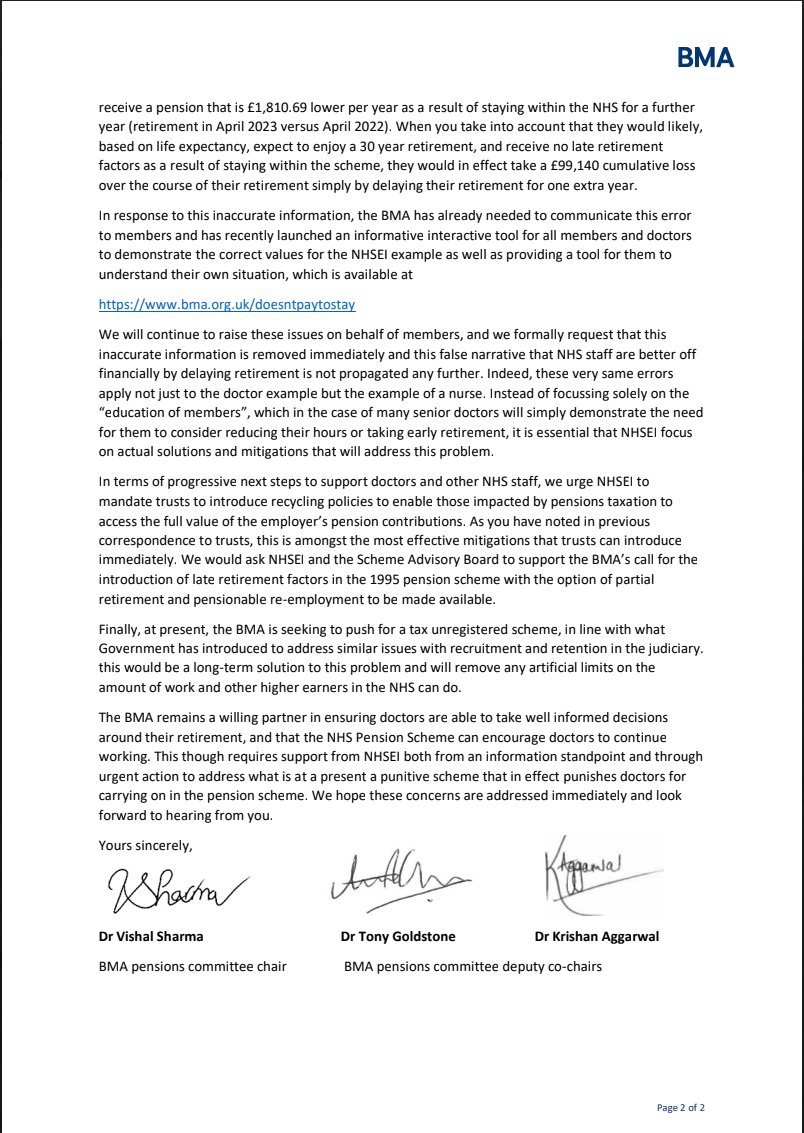 1/ Today @bma_pensions have formally written to <a href="/NHSEngland/">NHS England</a> asking them to remove incorrect &amp; misleading information from their website, on the value of delaying retirement