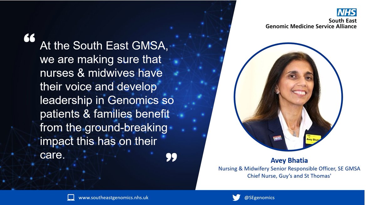 NHS South East Genomic Medicine Service (@segenomics) on Twitter photo Today we celebrate International Day of the Midwife and <a href="/avey_bhatia/">Professor Avey Bhatia OBE</a> our SRO and <a href="/GSTTnhs/">Guy's and St Thomas'</a> Chief Nurse celebrates the important role of #nurses & #midwives in genomic medicine <a href="/NHSgms/">NHS Genomic Medicine Service</a>.
#IDM2022 #genomics <a href="/MidwivesRCM/">Royal College of Midwives 💙</a> Today we celebrate International Day of the Midwife and <a href="/avey_bhatia/">Professor Avey Bhatia OBE</a> our SRO and <a href="/GSTTnhs/">Guy's and St Thomas'</a> Chief Nurse celebrates the important role of #nurses & #midwives in genomic medicine <a href="/NHSgms/">NHS Genomic Medicine Service</a>.
#IDM2022 #genomics <a href="/MidwivesRCM/">Royal College of Midwives 💙</a>