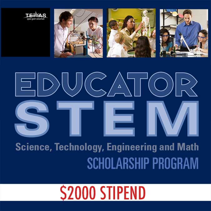 TexasSpaceGrant's tweet photo. DEADLINE EXTENDED!! Pls share &amp; RT! Calling Texas #STEM #Educators! Application Deadline for the Educator STEM #Scholarship is May 16, 2022. $2000 stipend. For eligibility requirements and to apply online, visit: https://t.co/4OnuyYwU7a https://t.co/05Xym17Z1w