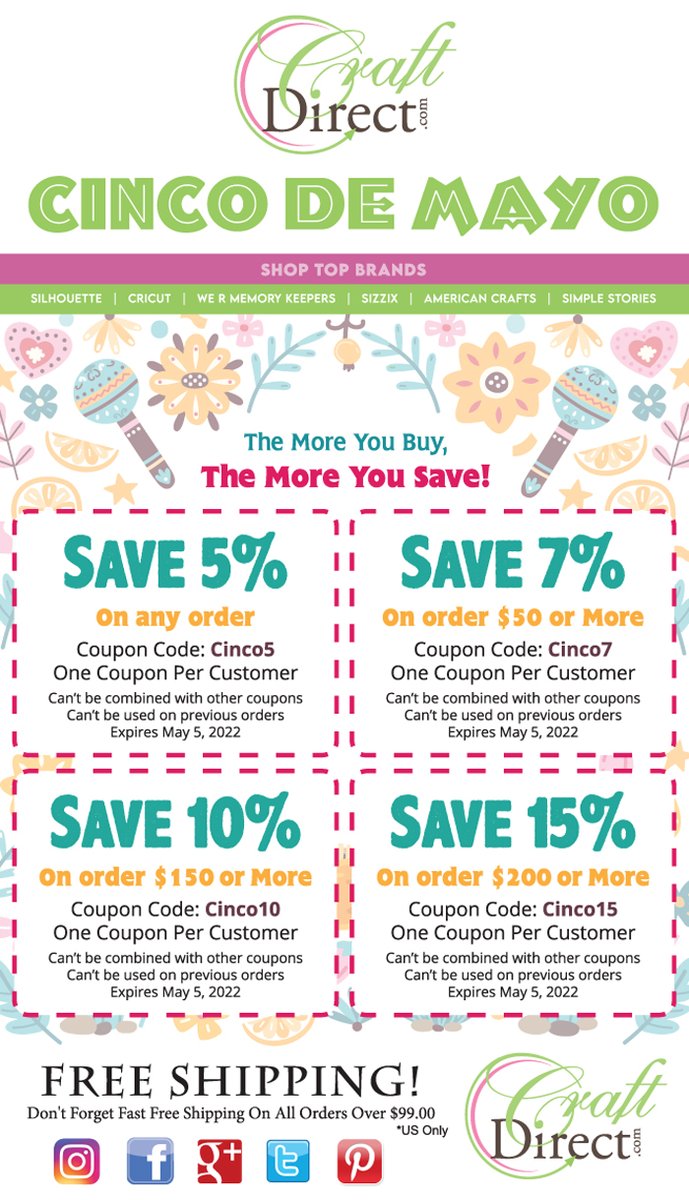 Craft_Direct's tweet photo. Happy Cinco De Mayo! Here are Coupon codes for you to enjoy. Have a great day everyone! ❤️😍

#CincoDeMayo
#CouponCodes
#Scrapbooking
#CraftingIsLife https://t.co/D07obmcFAl