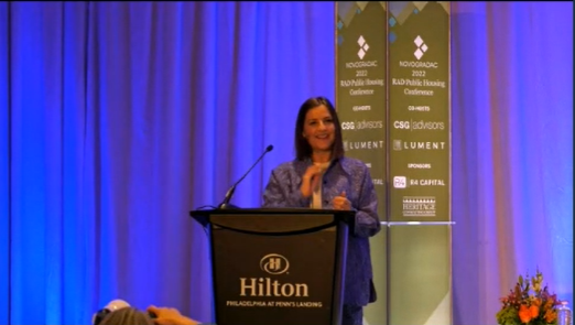 NovogradacNews's tweet photo. Novogradac partner and conference co-chair Rebecca Arthur welcomes in-person and online attendees to #NovocoRAD. https://t.co/iaV58hPAEz