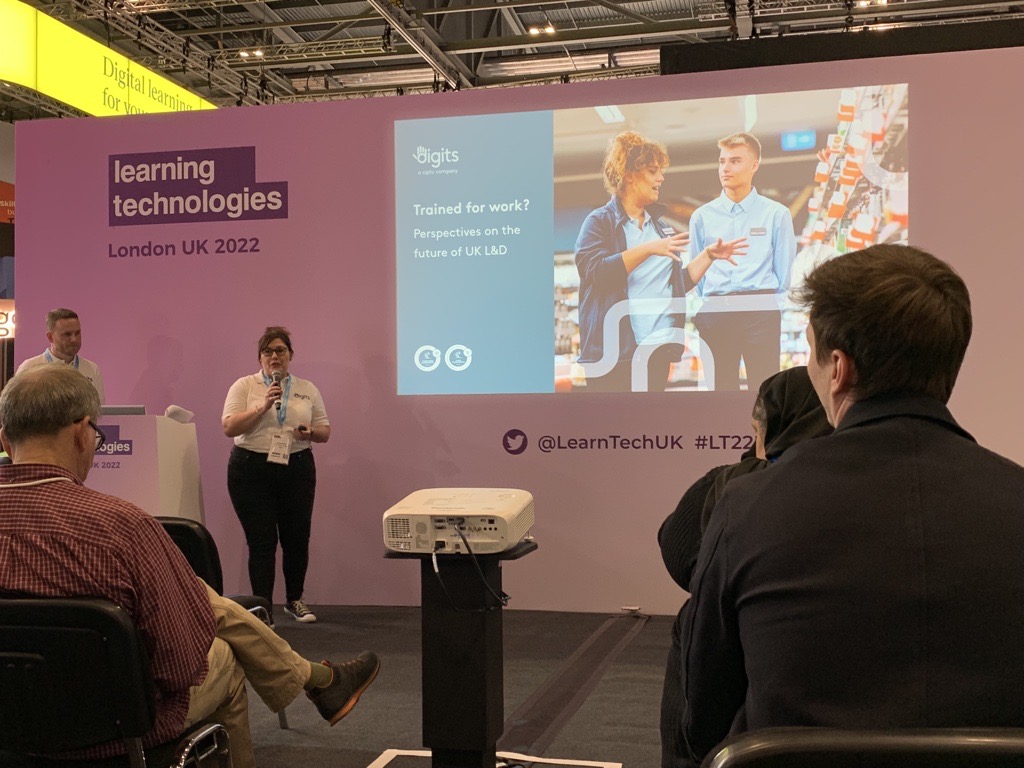 digits_lms's tweet image. On stage now - theatre 9 - Andrea Matkin and Bradley Burgoyne are presenting findings from @digits_lms&apos; report - &quot;Are we trained for work?&quot; #LT22UK #DigitsLMS