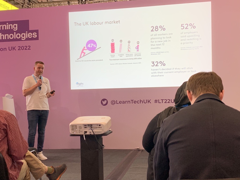 digits_lms's tweet image. On stage now - theatre 9 - Andrea Matkin and Bradley Burgoyne are presenting findings from @digits_lms&apos; report - &quot;Are we trained for work?&quot; #LT22UK #DigitsLMS