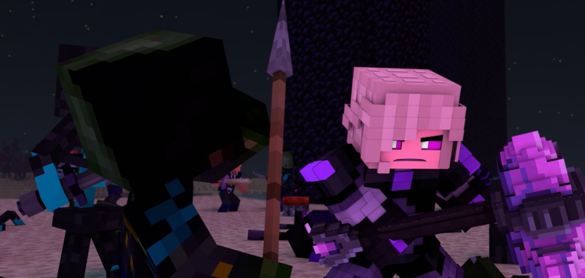 Rainolaguer's tweet photo. Elise, an honorable Ender Warrior, defends her home End Island from the Orchid Fleet invasion. 

However, the undead don't seem to get tired, and they just keep coming back up, accompanied by a singing vampire pirate who doesn't even fight alongside them... https://t.co/94tXcTO02T