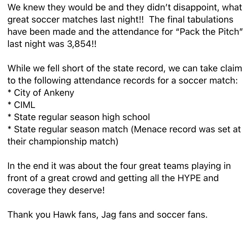Another record to hang out hat on Tuesday night….Pack the Pitch had over 1,000 more fans in attendance than the MLB Oakland A’s did vs Tampa Bay on Tuesday!  😳 More fans than an MLB team…way to go!  Official box score for proof.