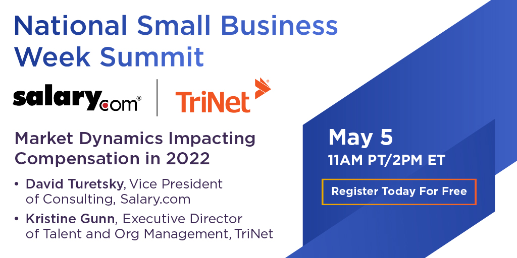 TriNet's tweet image. Our final day of the #TriNetSmallBizSummit  kicks off with a session with @Salary on compensation planning for hiring success. Join us: trinet.com/smallbusinessw…
#SmallBusinessWeek #DreamSmallBiz #IncredibleHR #IncredibleStartsHere #ValueofaPEO #virtualevent #businesssuccess