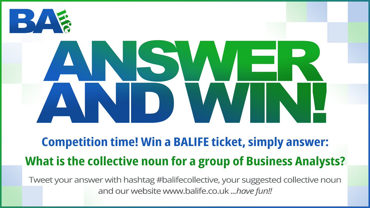 Fun competition time! Win a BALIFE ticket, simply answer: What is the collective noun for Business Analysts?
Tweet your answer with hashtag #balifecollective, your suggested collective noun and our website balife.co.uk
Results on 20/5/22 #balife2022 #businessanalysis