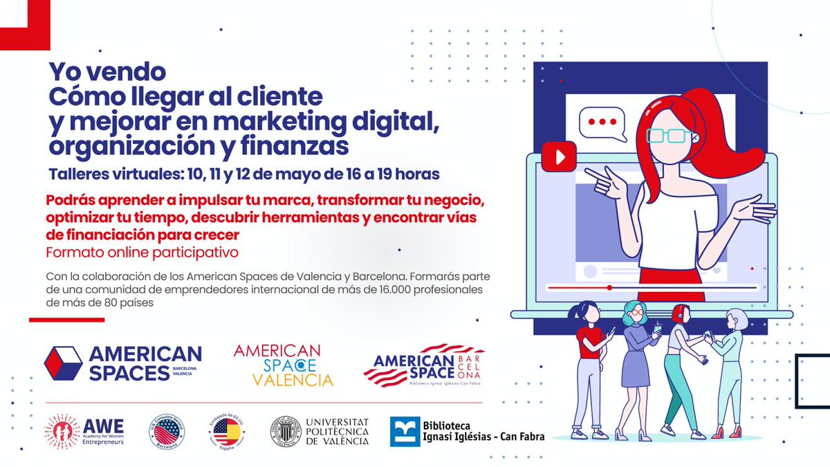claudiapastorv's tweet photo. Del 10 al 12 de mayo se celebran las jornadas virtuales #YoVendo dirigido a #emprendedoras que quieran mejorar en #MarketingDigital, organización y finanzas. Comparto enlace de inscripción: https://t.co/SfFgFaDMYa cc @AmericanSpaces https://t.co/g9DcfEpizV