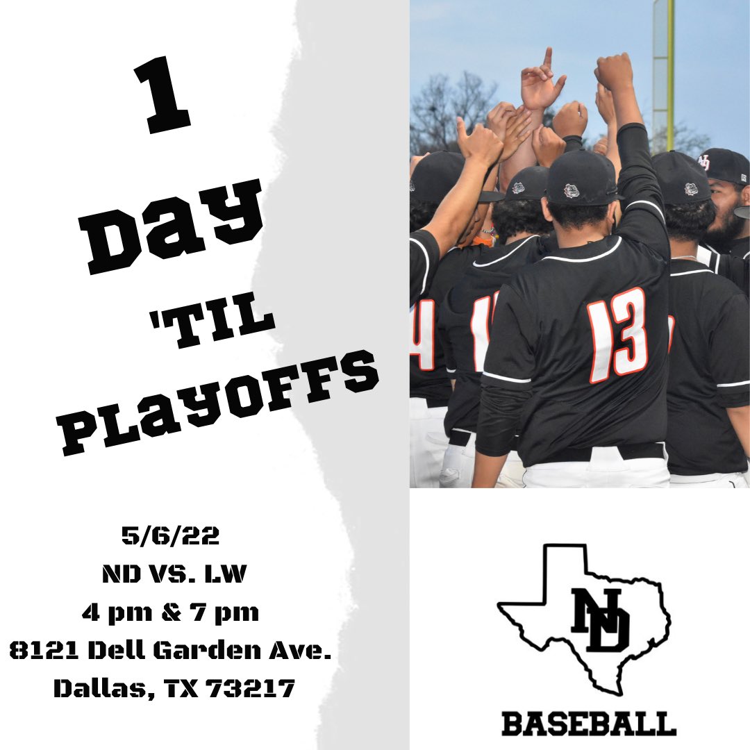 ONE MORE DAY. #Playoffs #BulldogBaseball #Together • ⏰ Game 1: 4 pm, Game 2: 7 pm, Game 3 (tie breaker) 5/7 at 12 pm 📍 All games will be held at 8121 Dell Garden Ave, Dallas, TX 75217 🆚 Life Waxahachie