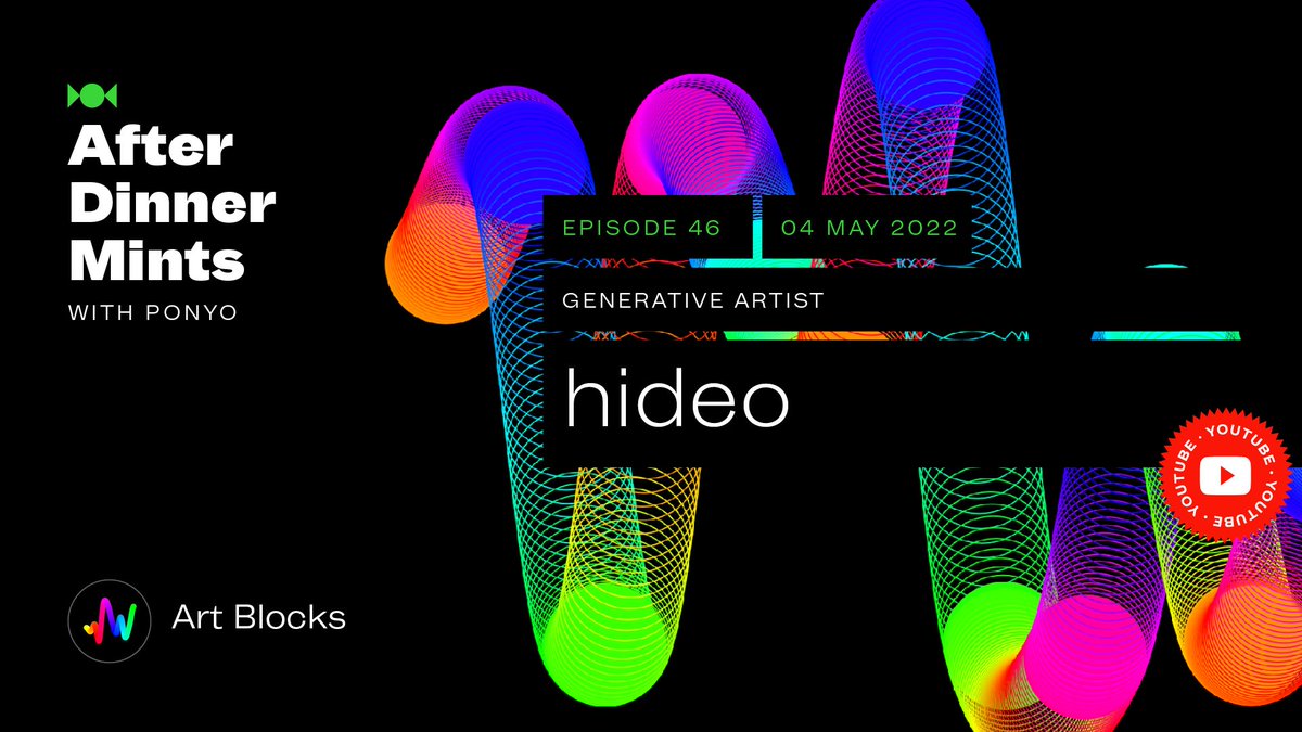 This week's ep of After Dinner Mints is now live on YouTube. Check out this conversation between <a href="/ItsPonyo930/">Ponyo</a> and <a href="/hideogenart/">HIDΞ0</a> about all things gen art and see what Hideo's been working on recently 🥳

youtube.com/watch?v=xGL9gn…