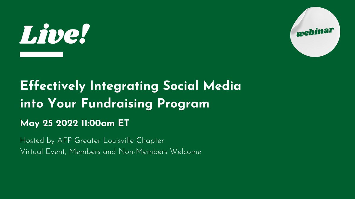 Webinar Opportunity! <a href="/hollyhpolly/">Holly 🥦</a> and <a href="/brockwarner/">Brock Warner, CFRE (He/Him)</a> will be co-presenting "Effectively Integrating Social Media into Your Fundraising Program" on May 25 for the AFP Greater Louisville Chapter. Non-members welcome! community.afpglobal.org/afpkygreaterlo… 

🥦