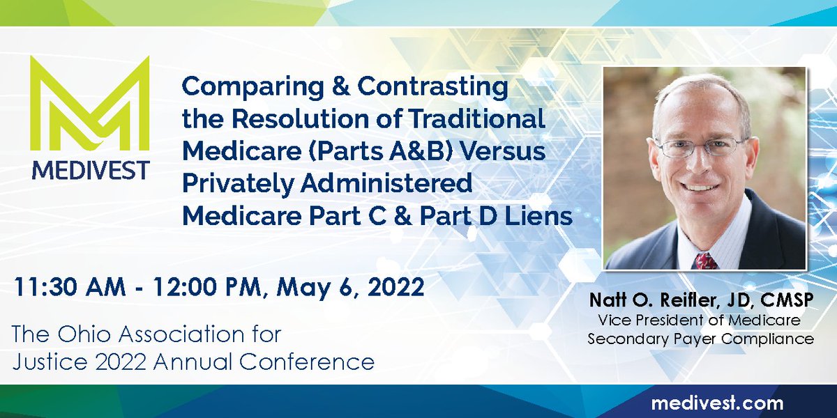 Medivest's tweet image. Medivest is proud to be a part of the OAJ&apos;s 2022 Annual Convention. Natt Reifler, Medivest’s Vice President of MSP Compliance, will be hosting a panel discussing Medicare Lien Resolution.

#lienresolution #OAJ #OAJConference #liens #OAJ2022