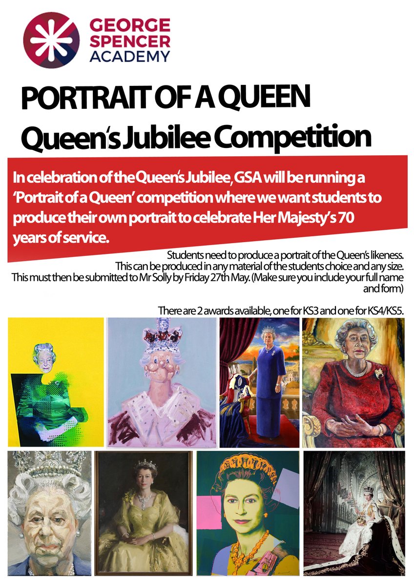 George_Spencer's tweet photo. To celebrate the #PlatinumJubilee this year, we have a new competition for students to create their own portrait of the Queen.
You can find all the details on the poster below, or in your google classrooms🎨✏️👑  #getcreative #loveoflearning https://t.co/fjBmbCCoHF