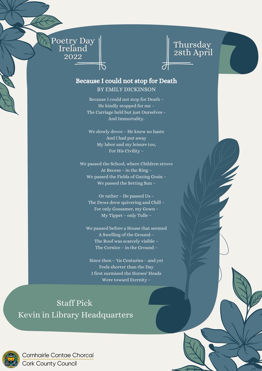 corkcolibrary's tweet photo. Now for something a little different- it's time for our first #PoetryDayIrl Staff Pick! β
Kevin in #LibraryHQ has chosen 'Because I could not stop for Death' by Emily Dickinson, with her unconventional use of dashes for punctuation π
@PoetryDay_IRL #WrittenInTheStars β¨ https://t.co/RjPGSHeuCA