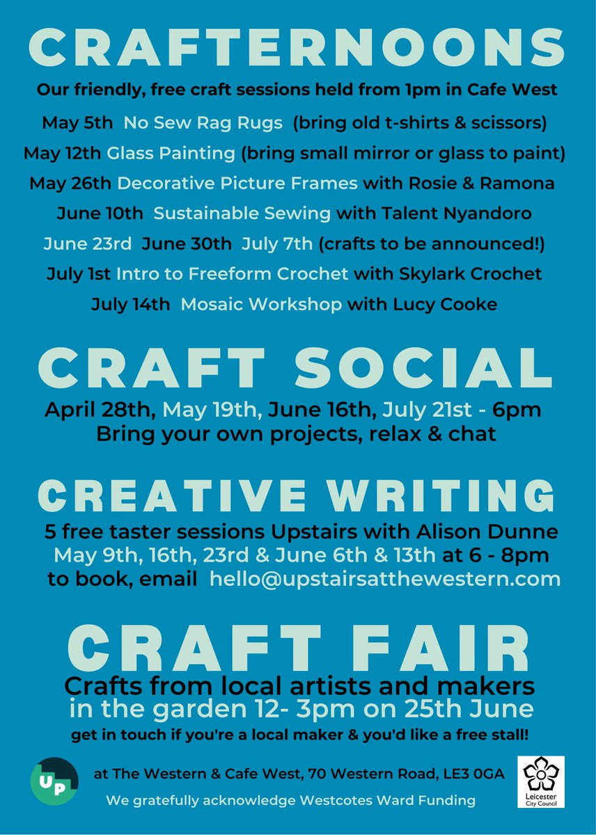 UpstairsWestern's tweet photo. ***Please share these about our upcoming craft activities in our pub in Leicester's West End***

Come and join in our free, friendly crafting sessions.

We also have a craft fair with free stalls to local makers so if you know someone give them a nudge.🧶 https://t.co/HX20W7akVP