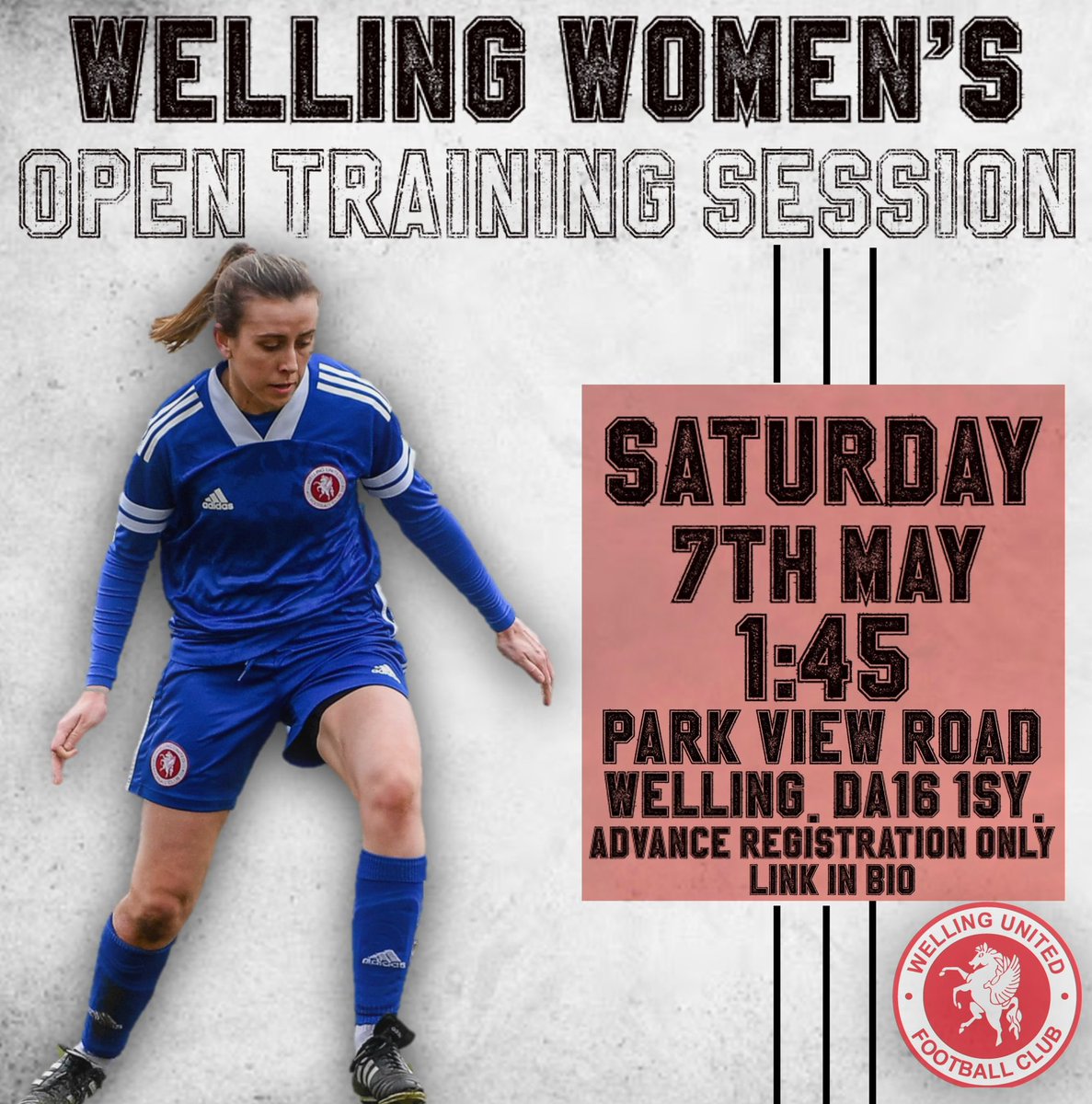 AFCGBWomen's tweet photo. WUWFC Open training day❗️

⏰Registration @1:45
🗓Saturday 7th May 
📍Park View Road, Welling, DA16 1SY
⚪️16+ 
🔗SIGN UP LINK IN BIO 
📞 07423 225832
📩 Danny.murphy@wellingunited.com https://t.co/m7qr4Is1mH