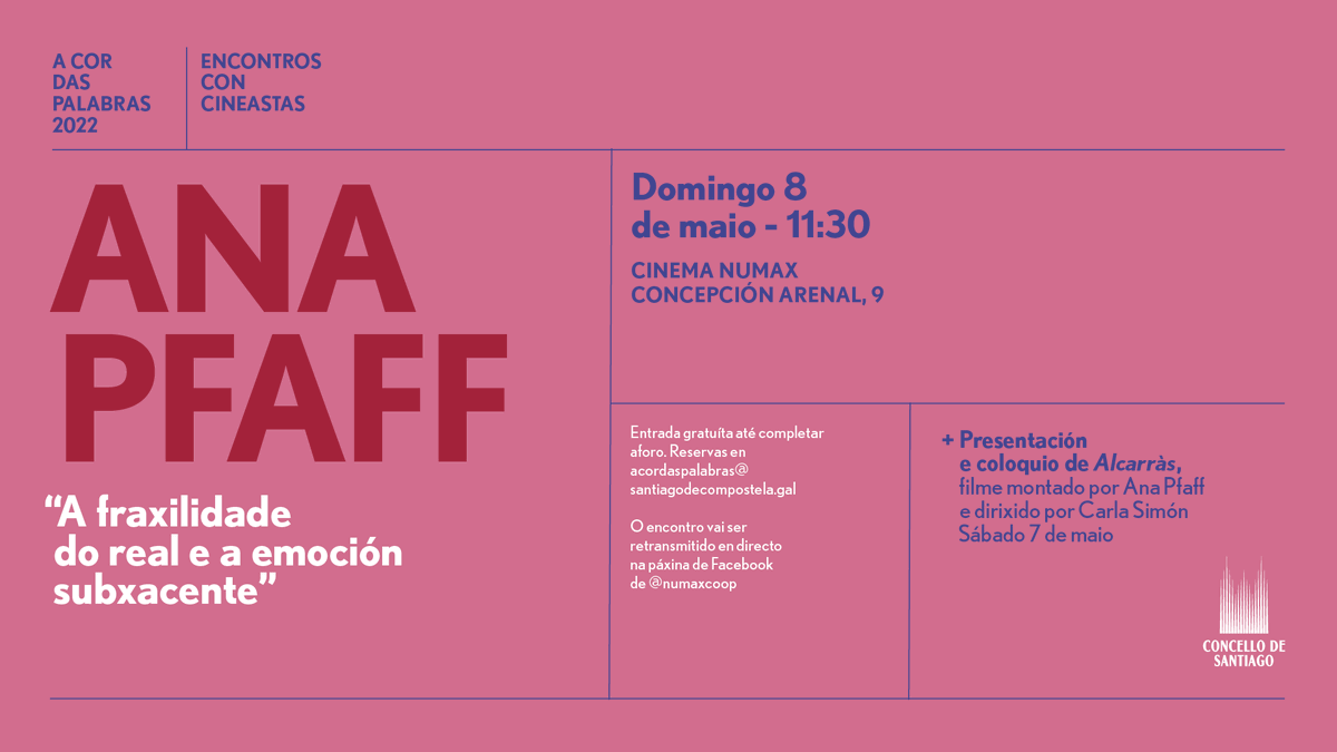 CFilmada's tweet photo. 🥳 Volven os encontros con cineastas "A cor das palabras", organizado polo Concello de Santiago.
📅 A primeira sesión con #AnaPfaff será o día 8 de maio ás 11.30h no NUMAX.
✍️ Xa está aberta a inscrición!
👉 Máis información: https://t.co/cyhdbfD0xs https://t.co/VYFC6fKsH9