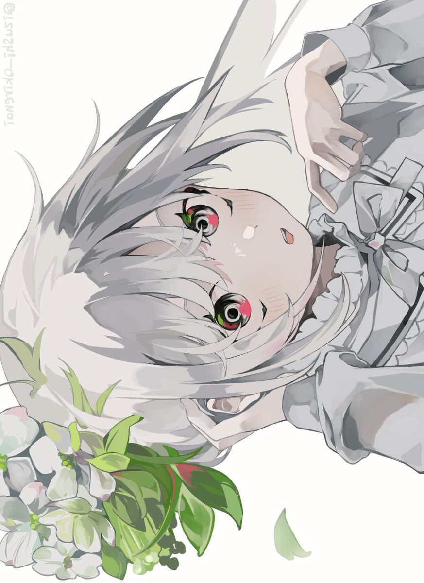 1girl solo flower white background looking at viewer long sleeves white hair  illustration images