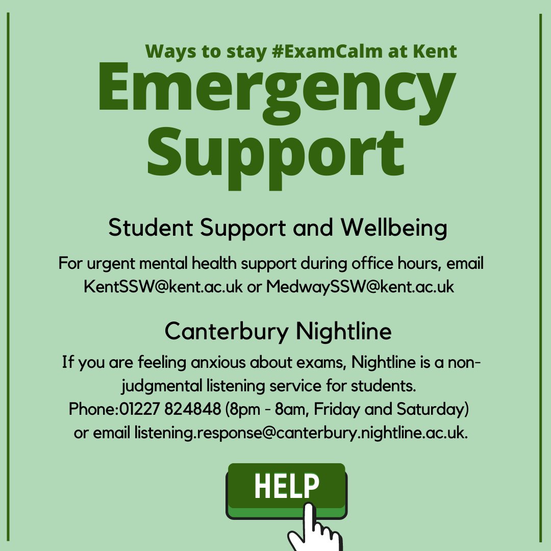 UniKentSSW's tweet photo. Ways to stay #ExamCalm at Kent:

Remember that throughout exam time, Student Support and Wellbeing are here to support you. You can also contact Canterbury Nightline via phone or email for out of office support. To learn more, visit our #ExamCalm webpage: https://t.co/Itw3pzsxNg https://t.co/QtVVkKH4ha
