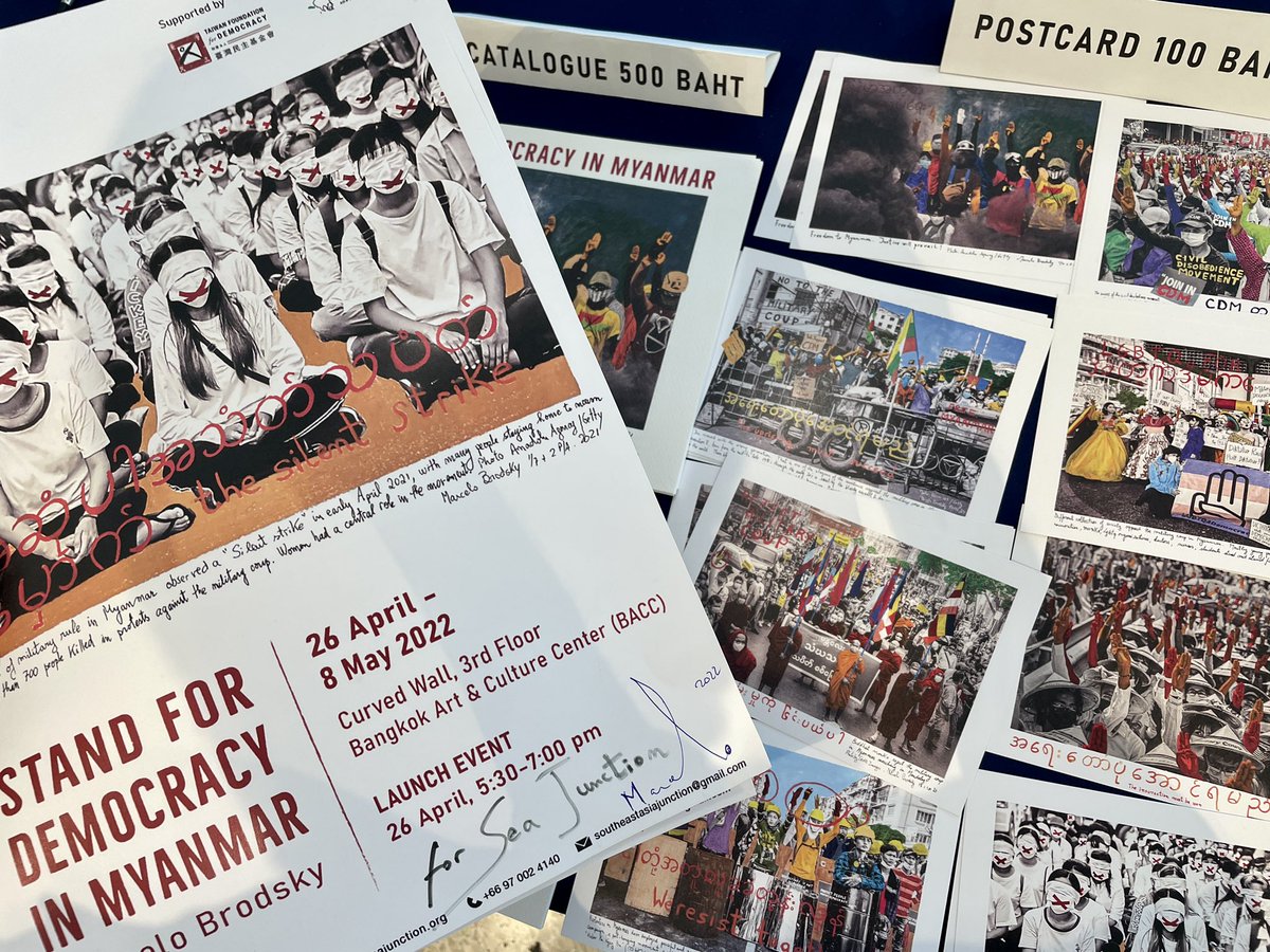 SEAJunction's tweet photo. Marcelo Brodsky and his artworks at the exhibition "Stand for #Democracy in #Myanmar"

He signed the catalogues &amp; posters for SEA Junction. Copies of these as well as postcards are available for purchase to support our advocacy efforts for Myanmar. #WhatsHappeninglnMyanmar https://t.co/CVwXYBmYja