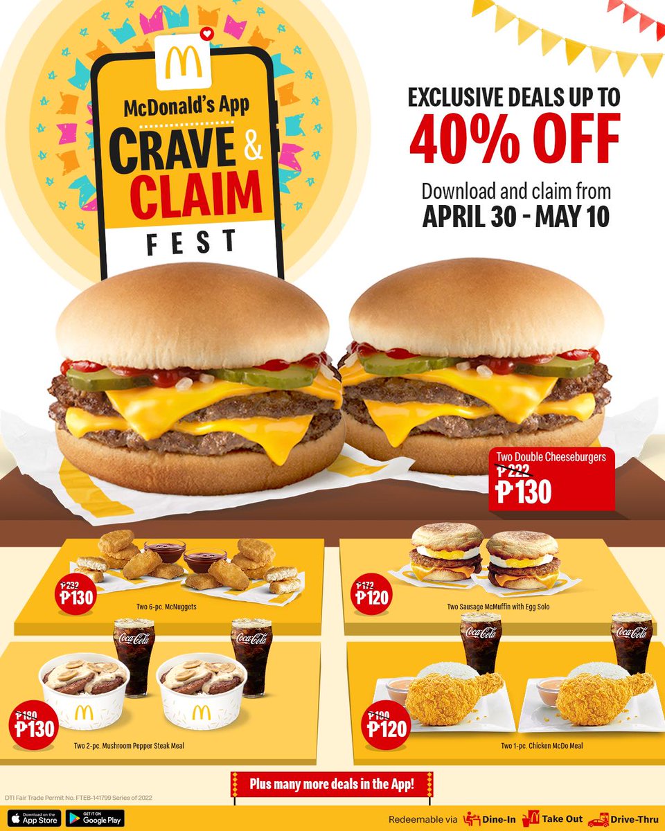 BIG deals are coming during the McDonald's App Crave and Claim Fest this April 30 to May 10! 🥳
Excited? Download the App now and enjoy up to 40% OFF on deals for sharing with the barkada!
 
Google Play Store – bit.ly/mcdoph-app-and…
App Store – bit.ly/mcdoph-app-ios