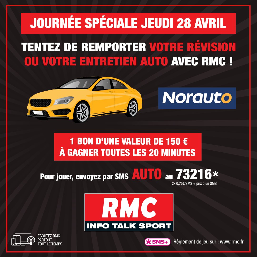 🚨 🎙 Ce jeudi 28 avril, RMC organise une journée spéciale "Entretien Auto" en partenariat avec <a href="/NorautoFr/">Norauto</a>.

💶 À gagner toutes les 20 minutes : un bon d'achat de 150 € pour une révision ou un entretien auto !

👉 Pour jouer, envoyez AUTO par SMS au 7 32 16. Bonne chance ! 🍀
