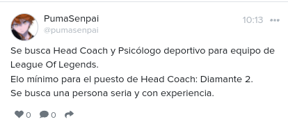 Oferta de buena mañana😎

SE BUSCA HEAD COACH Y PSICÓLOGO DEPORTIVO!

Perfil de la oferta:
lookingforateam.com/players/pumase…
lookingforateam.com/players/pumase…

GOGOGO🔥