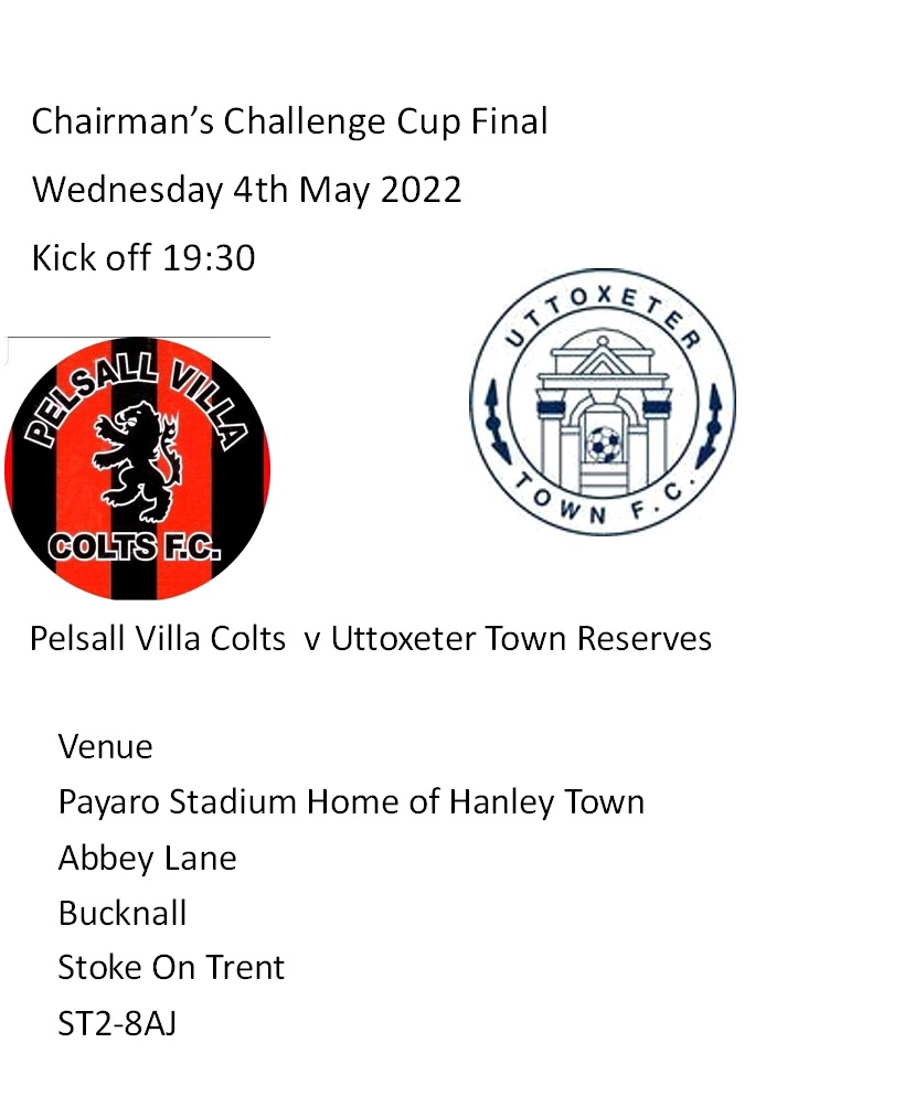 Staffordshire County Senior League (@staffscountysl) on Twitter photo Chairman's Challenge Cup Final
Wednesday 4th May 2022
<a href="/FcPelsall/">Pelsall Villa Colts FC</a> v <a href="/uttox_town_res/">Uttoxeter Town Res</a>
19:30 kick off <a href="/HanleyTown66/">Hanley Town Football Club</a> Chairman's Challenge Cup Final
Wednesday 4th May 2022
<a href="/FcPelsall/">Pelsall Villa Colts FC</a> v <a href="/uttox_town_res/">Uttoxeter Town Res</a>
19:30 kick off <a href="/HanleyTown66/">Hanley Town Football Club</a>