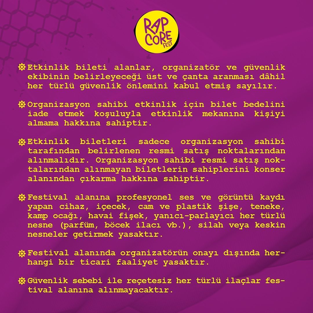 rapcorefest's tweet photo. Kavuşmaya ve sınırsız eğlenceye çok az kaldı!
Daha güvenli ve sağlıklı bir eğlence alanı yaratmak için bazı minik kurallarımız var.
Okumanı rica ederiz ✌️ https://t.co/2W6xRpaGWi