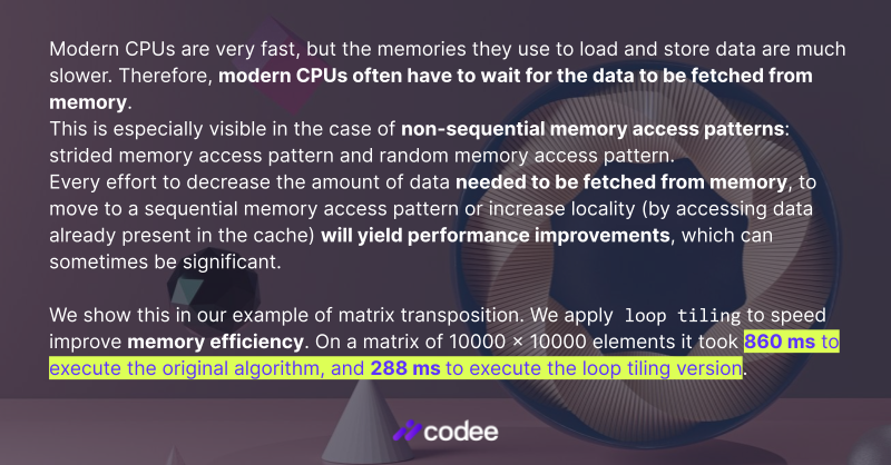 codee_com's tweet image. #CodeePerformanceTip: In many applications, the CPU has to wait for the data from the memory. But is this our destiny? Can we do something to improve on this? 
From our blog about memory efficiency and other ways to improve the performance of your code: codee.com/many-ways-to-s… 👇