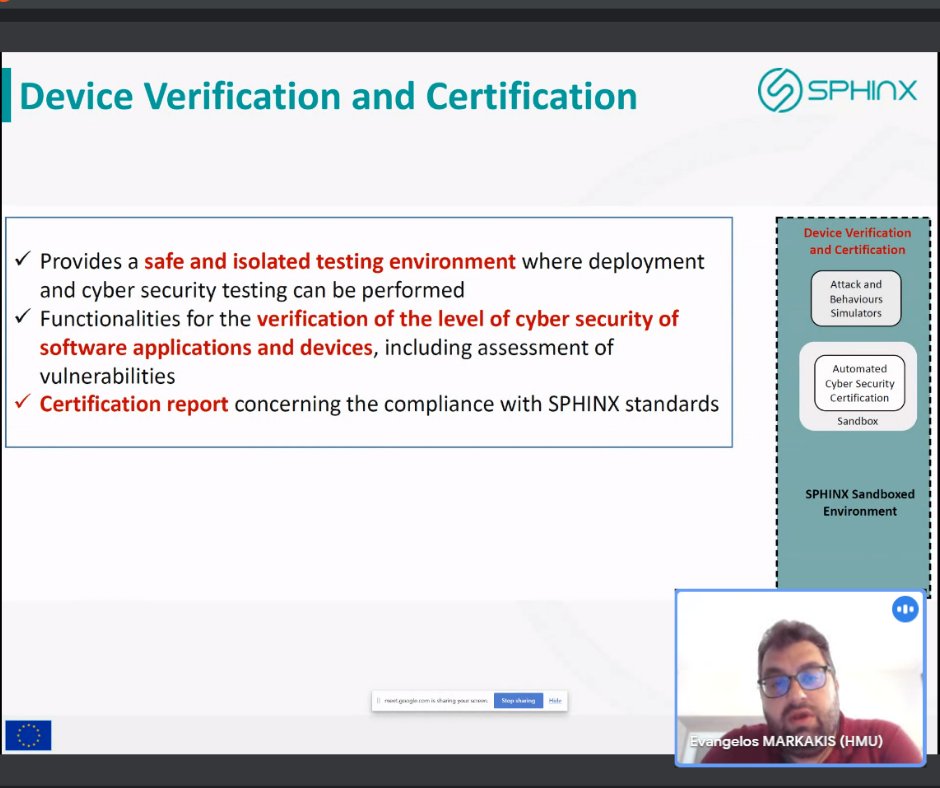 ProjectSphinx's tweet image. 🛡 SPHINX engages with #H2020 projects to safeguard critical sectors across #EU
📌Evangelos Markakis of @HMUniversity is participating in the 2nd #workshop of ECSCI cluster to promote #sphinx_toolkit set-up & prototype validation
#Sustainability #healthIT #security #solutions