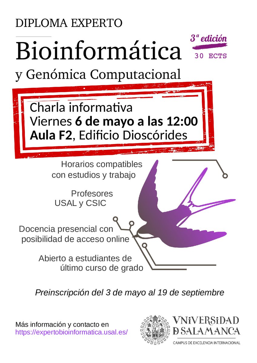 Charla Informativa del Diploma de Experto en Bioinformática y Genómica Computacional. Viernes 6 de mayo a las 12h en el Aula F2 del Edificio Dioscórides. 🤓