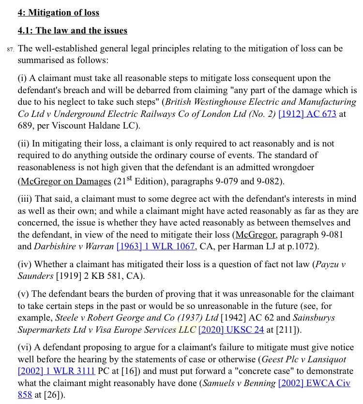 This is a pithy summary from Hill J in bailii.org/ew/cases/EWHC/… of mitigation of loss principles:
