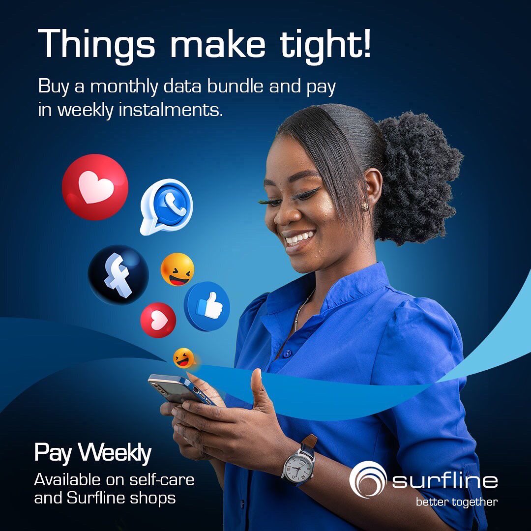 SurflineGH's tweet photo. Whatever your data bundle needs or budget, you now have the power to pay for your monthly bundle in weekly installments.

Use Surfline’s new PAY WEEKLY BUNDLES to save money while enjoying Ghana’s fastest 4G . Available on *718*77# 

#SurflineGhana #4GLTE #Surfline #PayWeekly https://t.co/OhOPmv7iiV