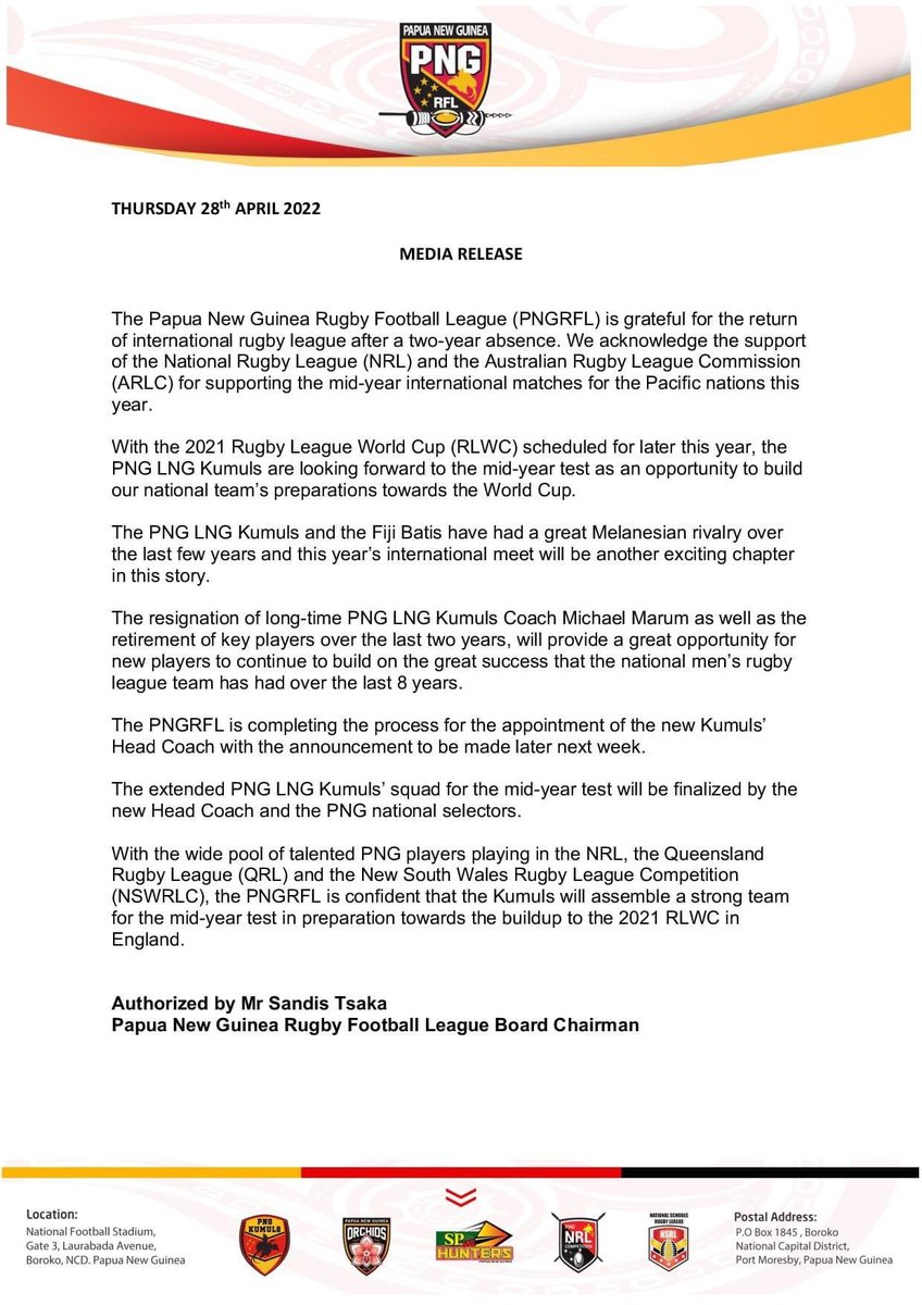 PNG Kumuls (@pngkumulsrl) on Twitter photo The <a href="/PNGRFL_Official/">PNG Rugby Football League</a> have issued the below media release following today’s fantastic news that the #PNG LNG Kumuls will return to the field in the upcoming mid-year #PacificTest: The <a href="/PNGRFL_Official/">PNG Rugby Football League</a> have issued the below media release following today’s fantastic news that the #PNG LNG Kumuls will return to the field in the upcoming mid-year #PacificTest: