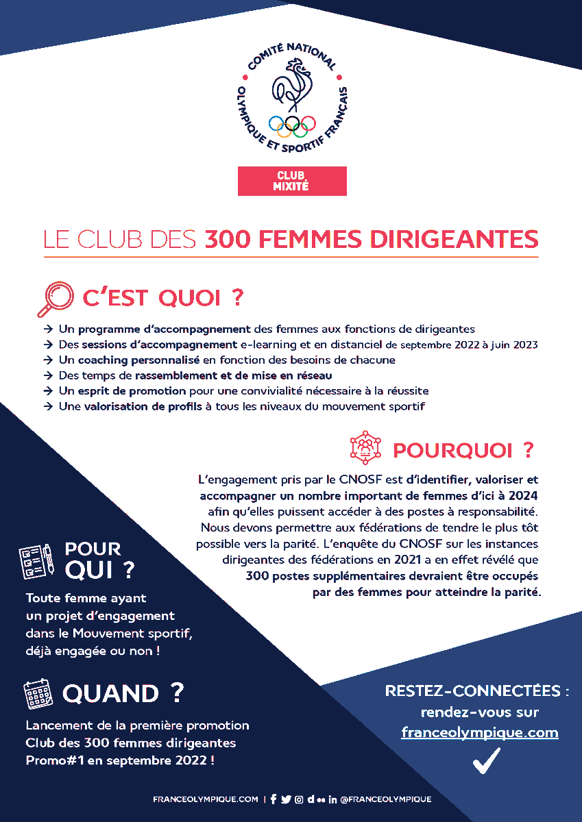 FranceOlympique's tweet photo. 📢 L’appel à candidature pour participer au Club des 300 femmes dirigeantes est lancé ! L’engagement pris par le #CNOSF est d’identifier, valoriser et accompagner pour que de nombreuses femmes puissent accéder à des postes à responsabilités d’ici à 2024.▶️ https://t.co/2ATwX6LDZv https://t.co/Wh9LyqDdfc